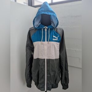 Rare Vintage Puma Gray and Blue Hooded Windbreaker